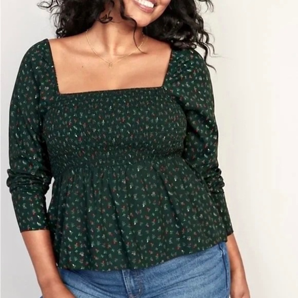 Green Floral Smocked Square Neck Blouse